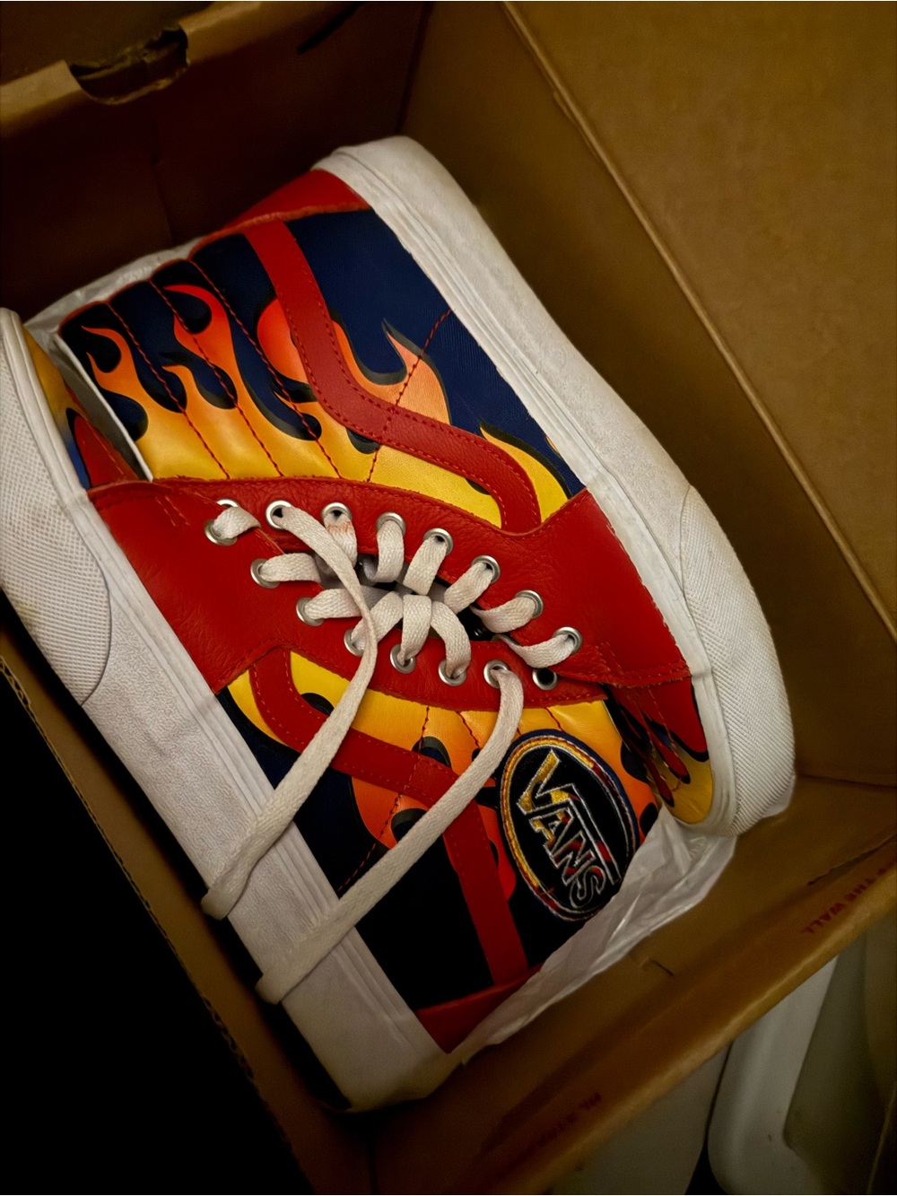 Vans High-Top Sneakers with Red, Yellow & Navy Flame Design